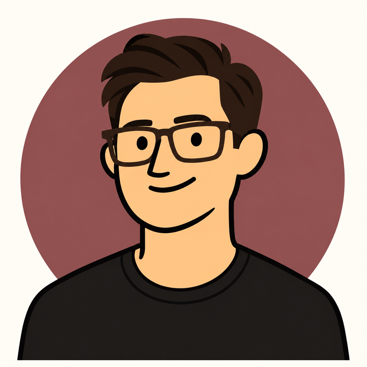 Illustrated portrait of Joshua Sigler with dark hair and glasses, wearing a black shirt against a burgundy circle.
