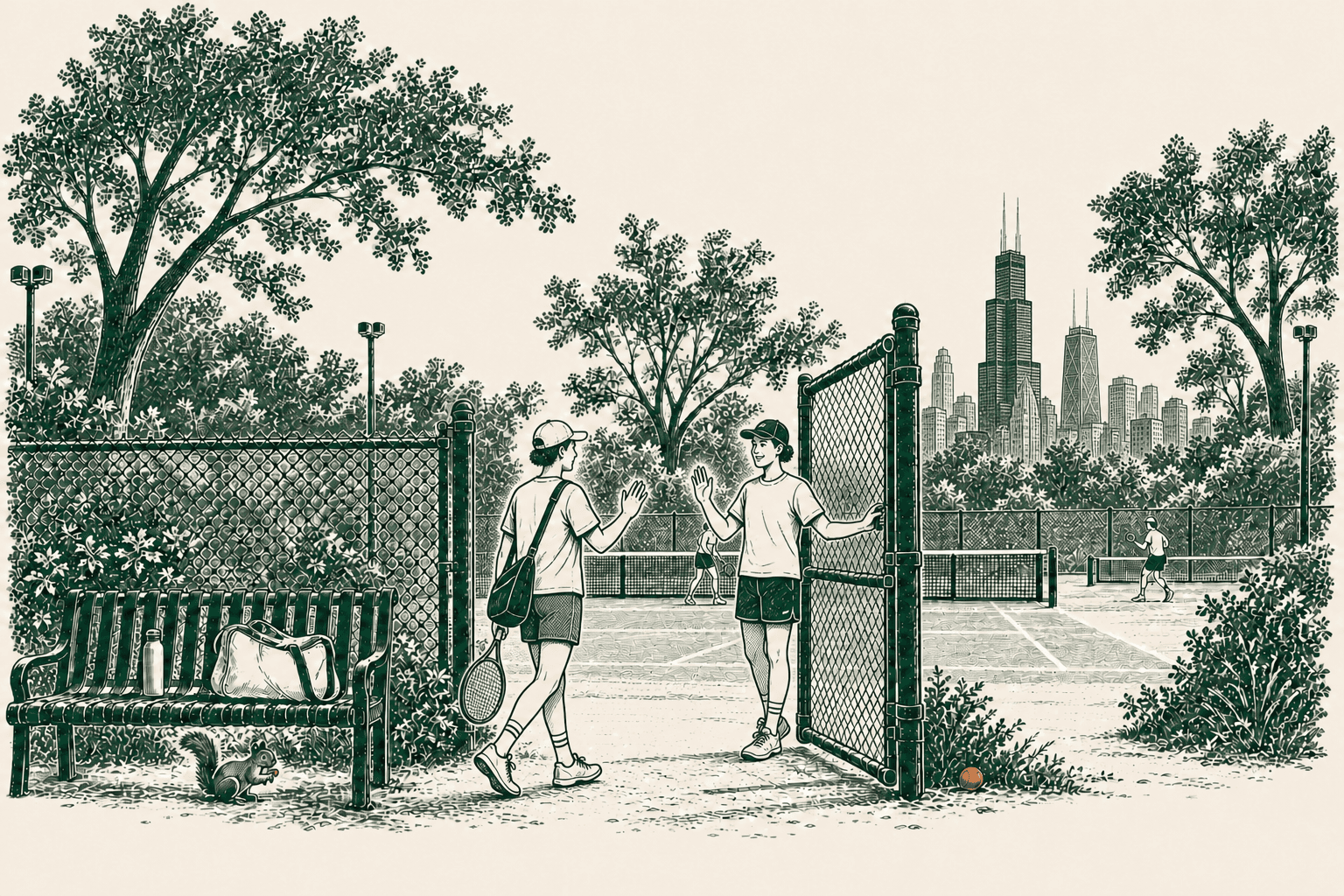 Park Tennis illustration of players meeting at a Chicago public tennis court, with the skyline behind them